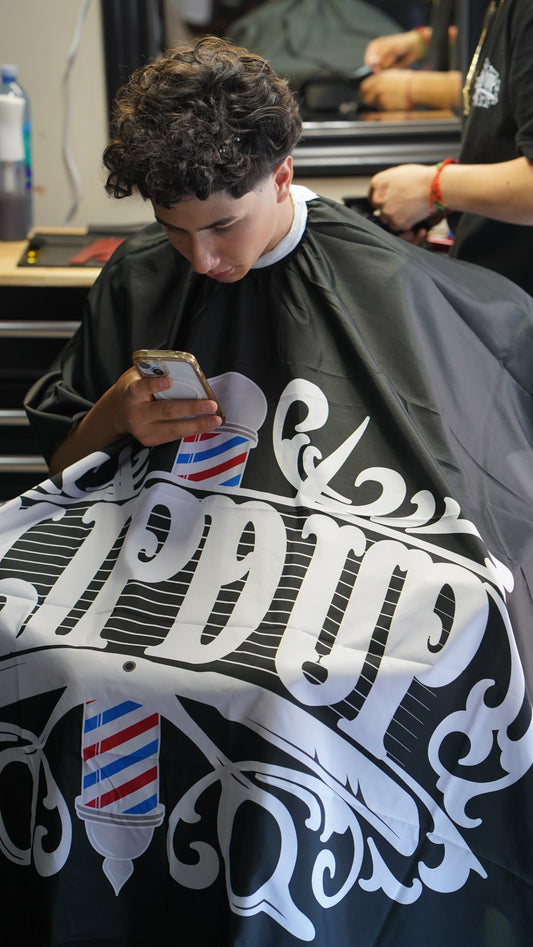 BLACK CLIPD UP LOGO BARBER CAPE METAL HOOK